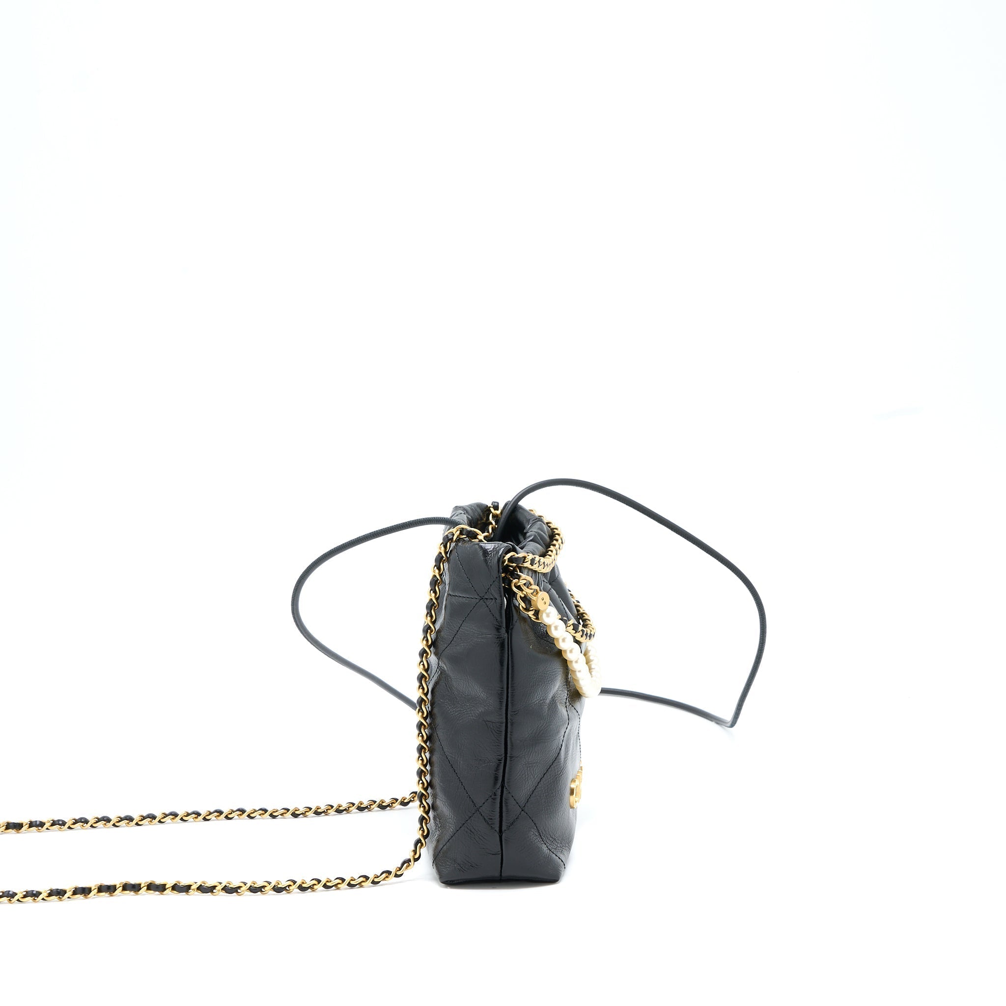 CHANEL 23S MINI 22 BAG WITH PEARL SHINY CALFSKIN BLACK GHW (MICROCHIP)
