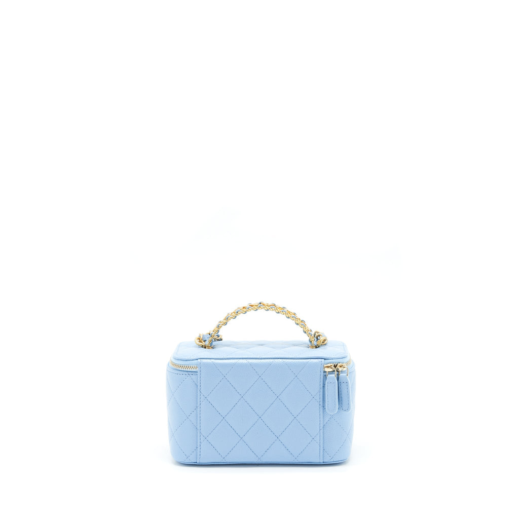 CHANEL 22S LETTER LOGO TOP HANDLE LONG VANITY WITH CHAIN CAVIAR LIGHT BLUE GHW