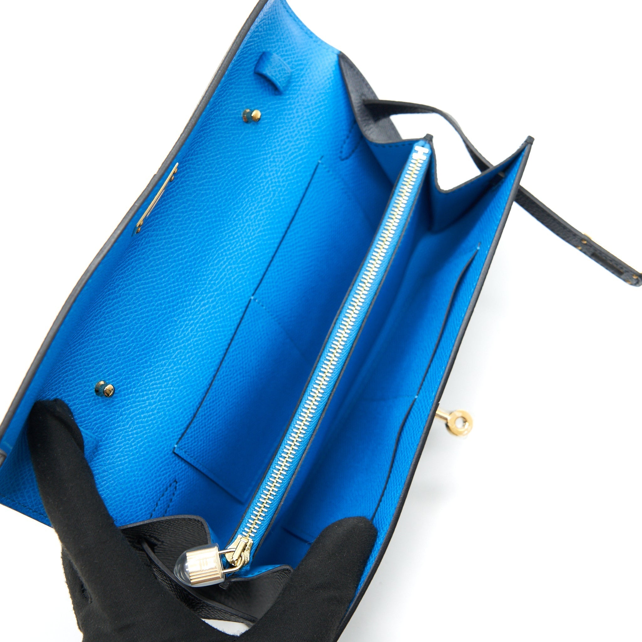HERMES KELLY TO GO EPSOM BLEU INDIGO/ NOIR/ BLEU FRIDA GHW
