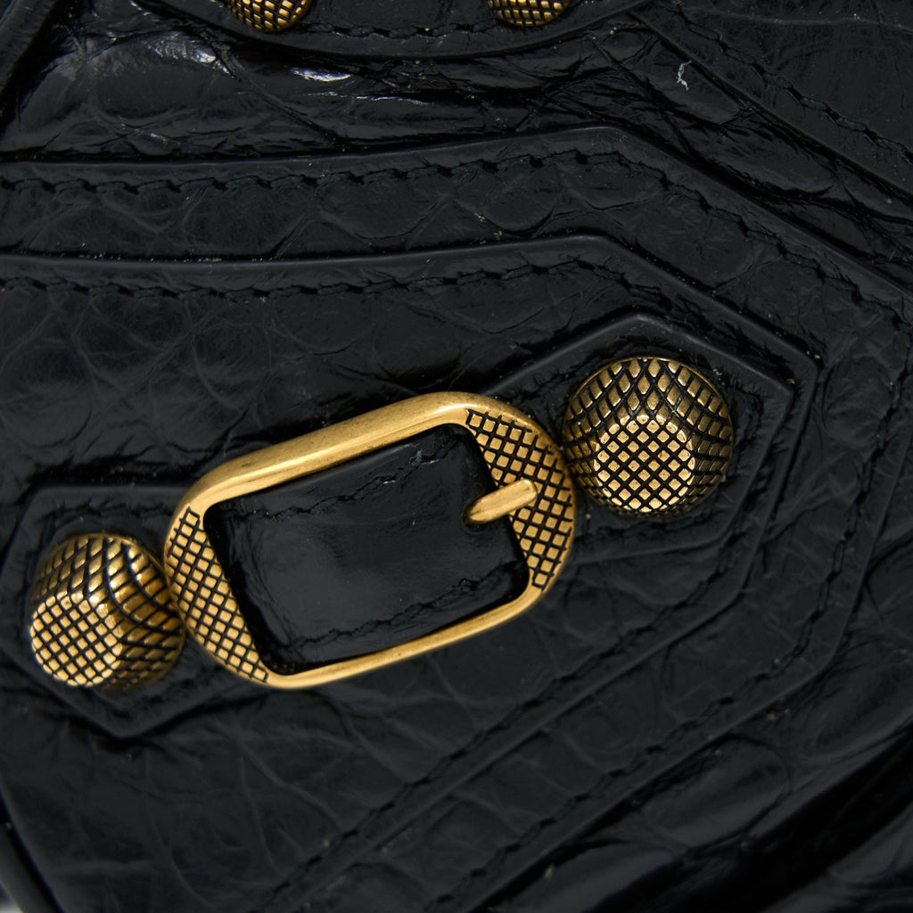 BALENCIAGA LE CAGOLE XS SHOULDER BAG CROC-EMBOSSED CALFSKIN BLACK AGED-GOLD HARDWARE