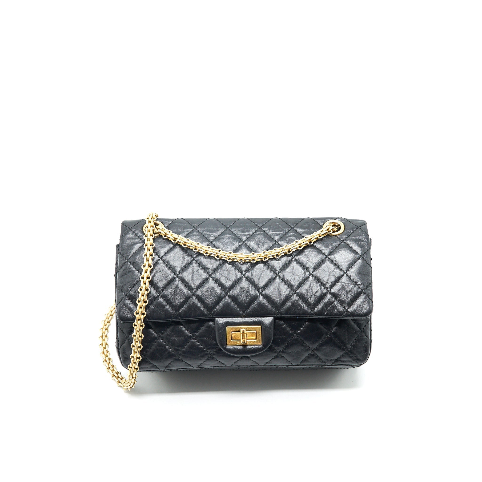 CHANEL 2.55 REISSUE SMALL FLAP BAG AGED CALFSKIN IN BLACK GHW