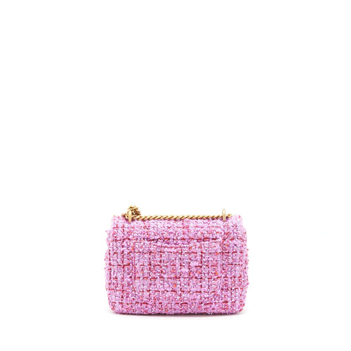 CHANEL 22P MINI SQUARE FLAP BAG TWEED PINK GOLD/PINK HARDWARE
