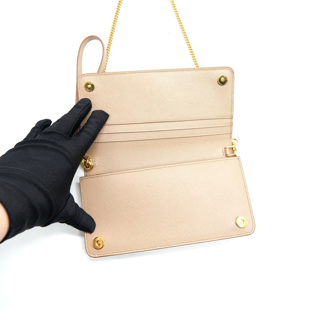 PRADA GIADA SAFFIANO LEATHER WALLET ON CHAIN BEIGE