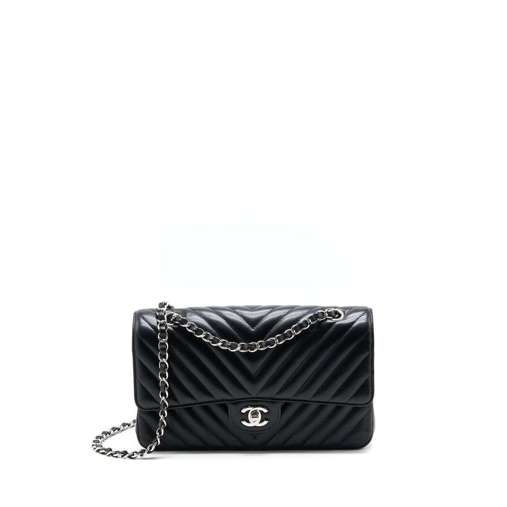 CHANEL MEDIUM CLASSIC DOUBLE FLAP BAG CHEVRON CAVIAR BLACK SHW
