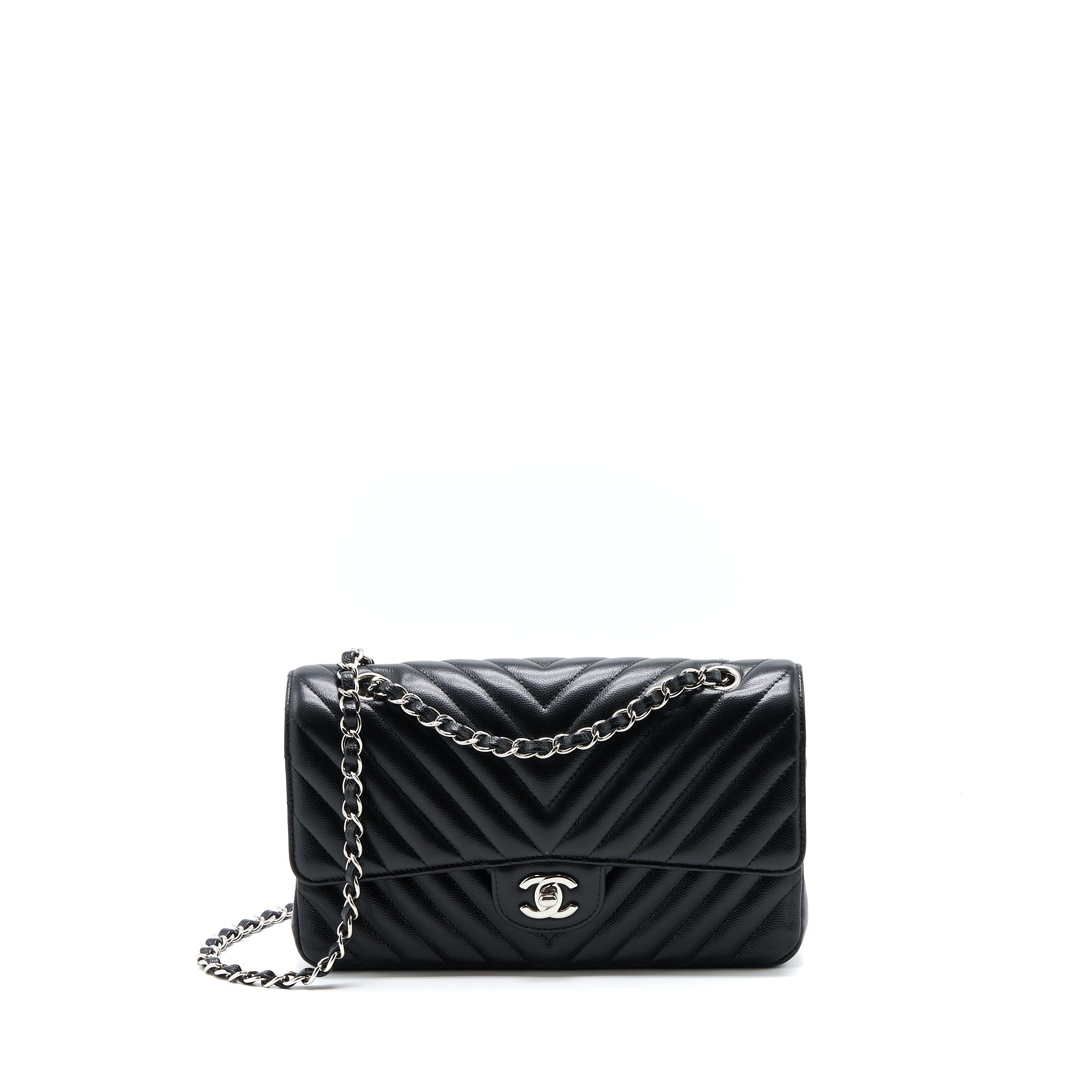 CHANEL MEDIUM CLASSIC DOUBLE FLAP BAG CHEVRON CAVIAR BLACK SHW