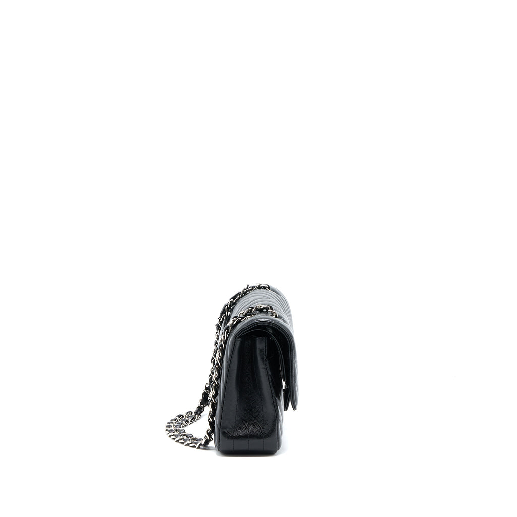 CHANEL MEDIUM CLASSIC DOUBLE FLAP BAG CHEVRON CAVIAR BLACK SHW