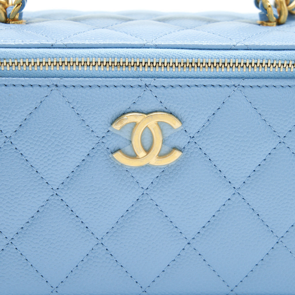 CHANEL 22S LETTER LOGO TOP HANDLE LONG VANITY WITH CHAIN CAVIAR LIGHT BLUE GHW
