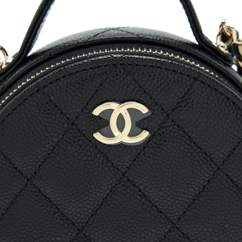 CHANEL 22C TOP HANDLE MINI ROUND VANITY ON CHAIN CAVIAR BLACK LGHW