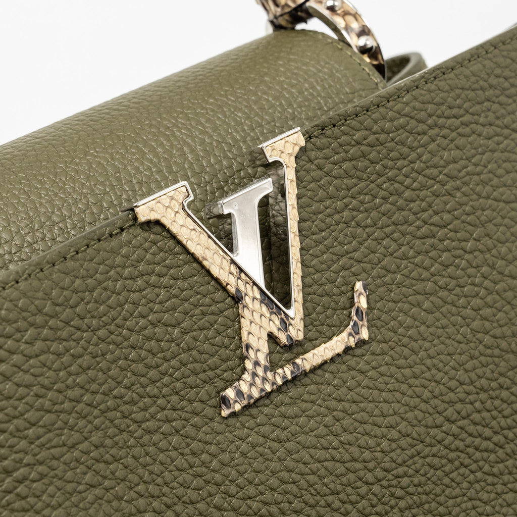 LOUIS VUITTON CAPUCINES MM CALFSKIN / PYTHON HANDLE MULTICOLOR OLIVE GREEEN / NATURAL SHW