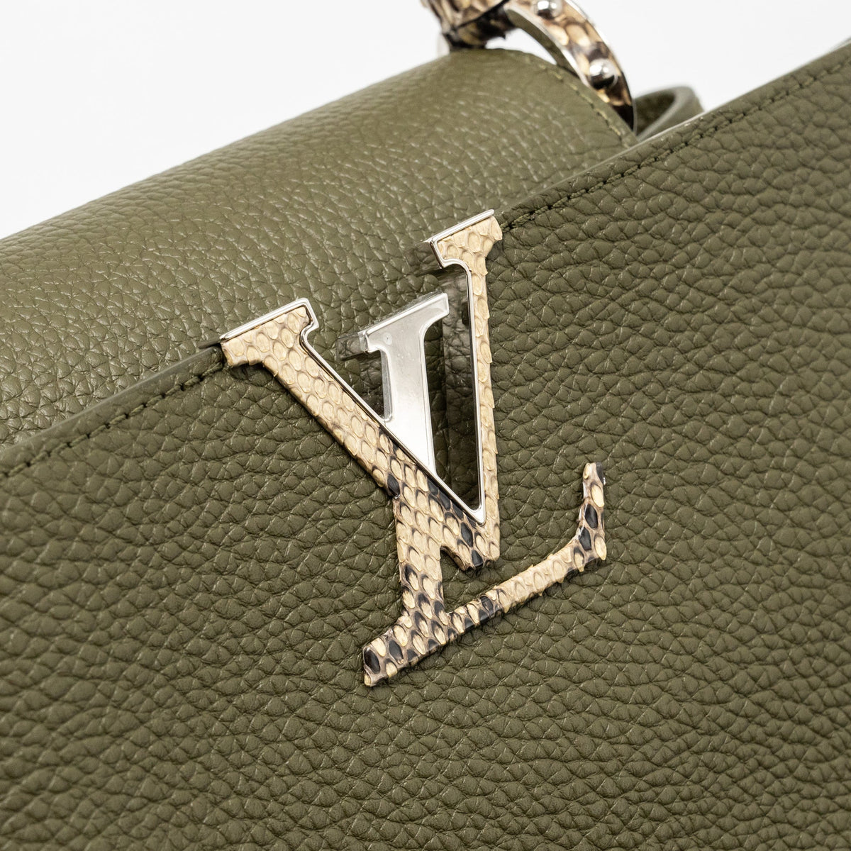 LOUIS VUITTON CAPUCINES MM CALFSKIN / PYTHON HANDLE MULTICOLOR OLIVE GREEEN / NATURAL SHW