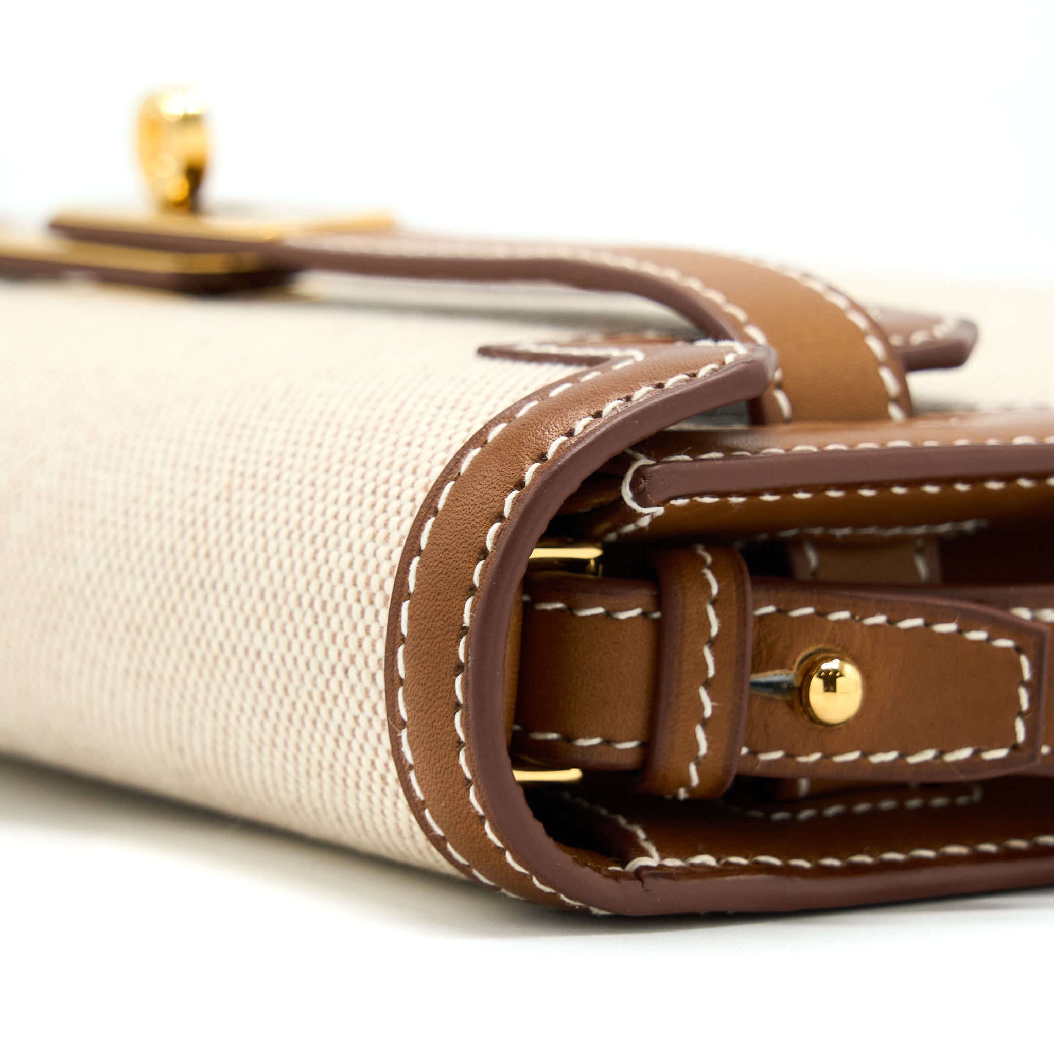 HERMES POCHETTE KELLY DEPECHES 25 CANVAS/BARENIA ECRU BEIGE/FAUVE GHW