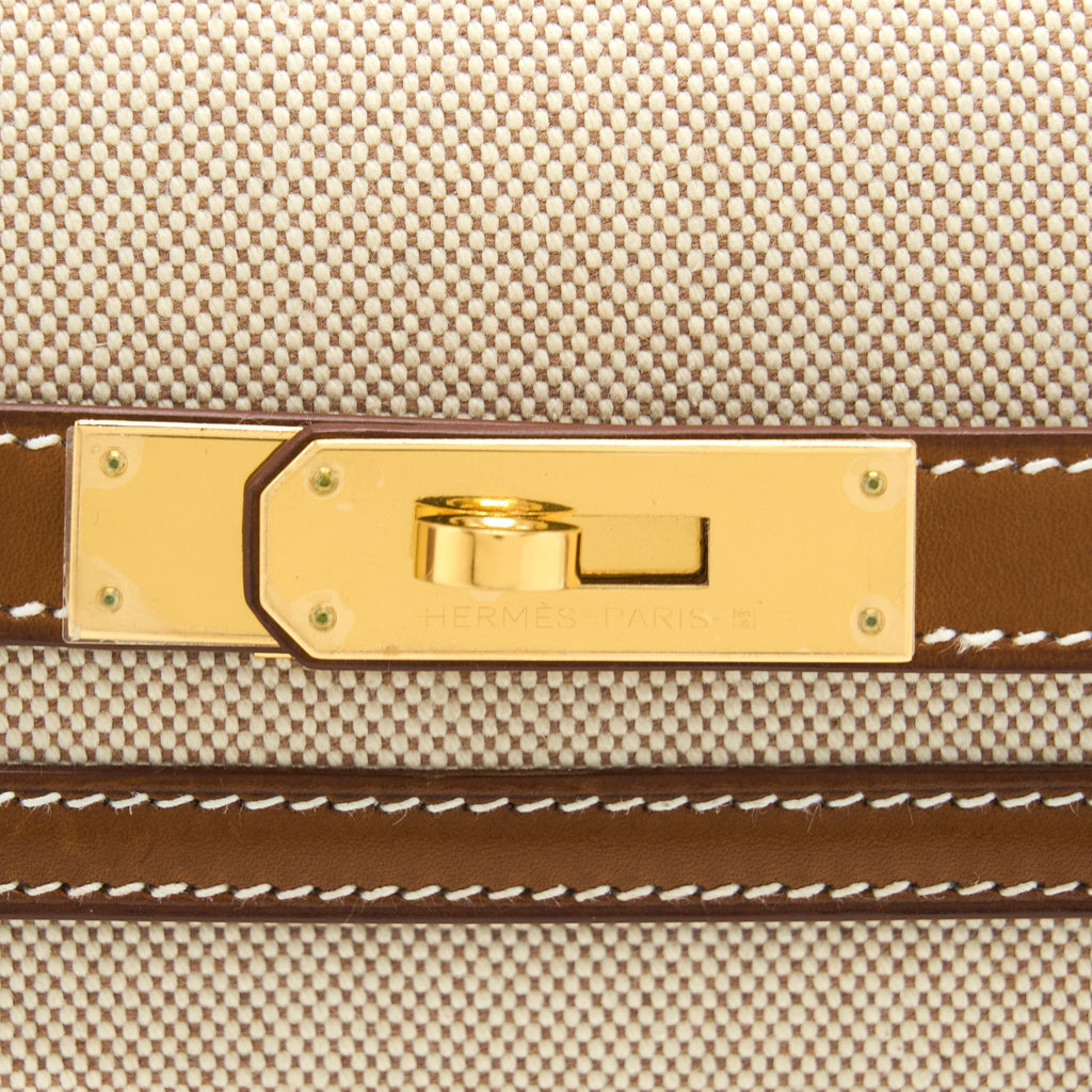 HERMES POCHETTE KELLY DEPECHES 25 CANVAS/BARENIA ECRU BEIGE/FAUVE GHW