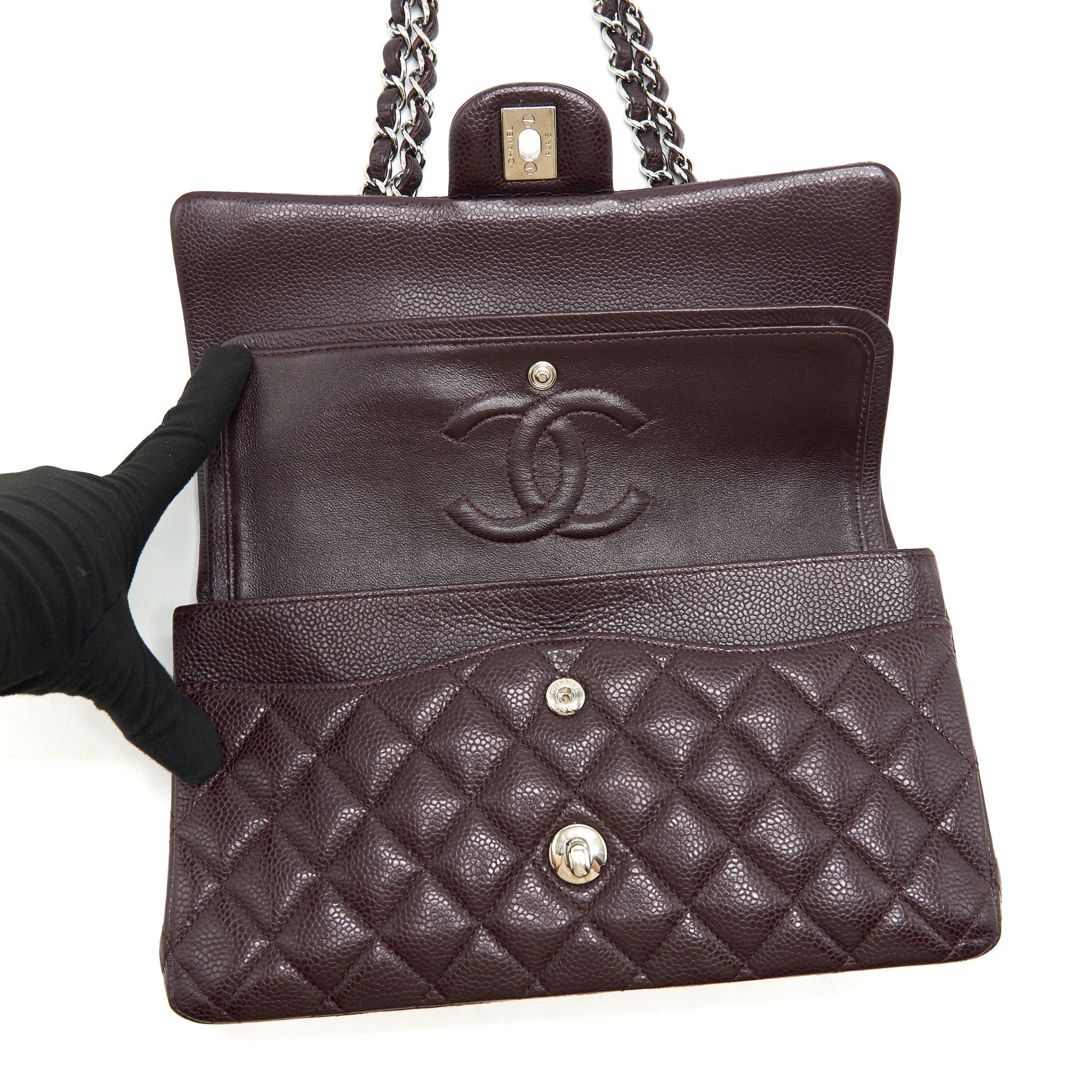 CHANEL MEDIUM CLASSIC DOUBLE FLAP BAG CAVIAR BURGUNDY SHW