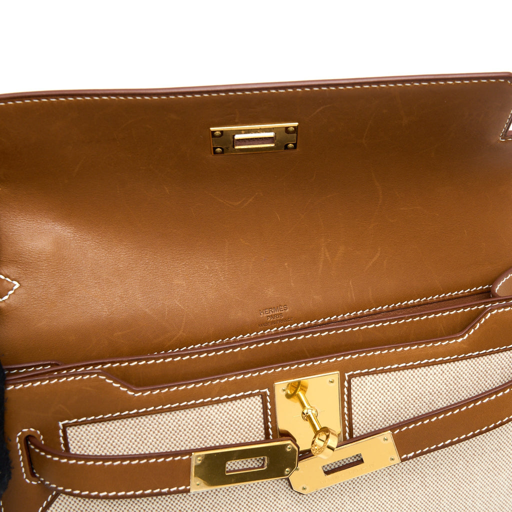 HERMES POCHETTE KELLY DEPECHES 25 CANVAS / BARENIA ECRU BEIGE / FAUVE GHW