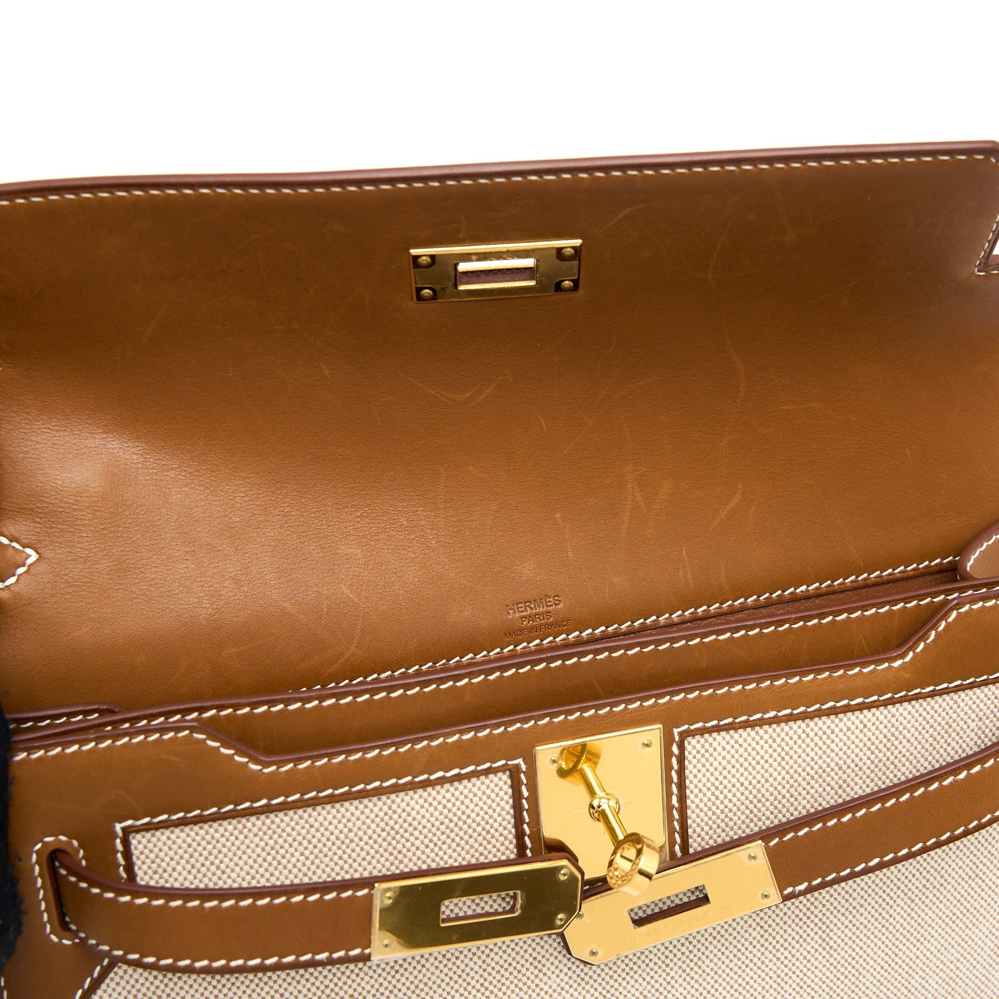 HERMES POCHETTE KELLY DEPECHES 25 CANVAS / BARENIA ECRU BEIGE / FAUVE GHW