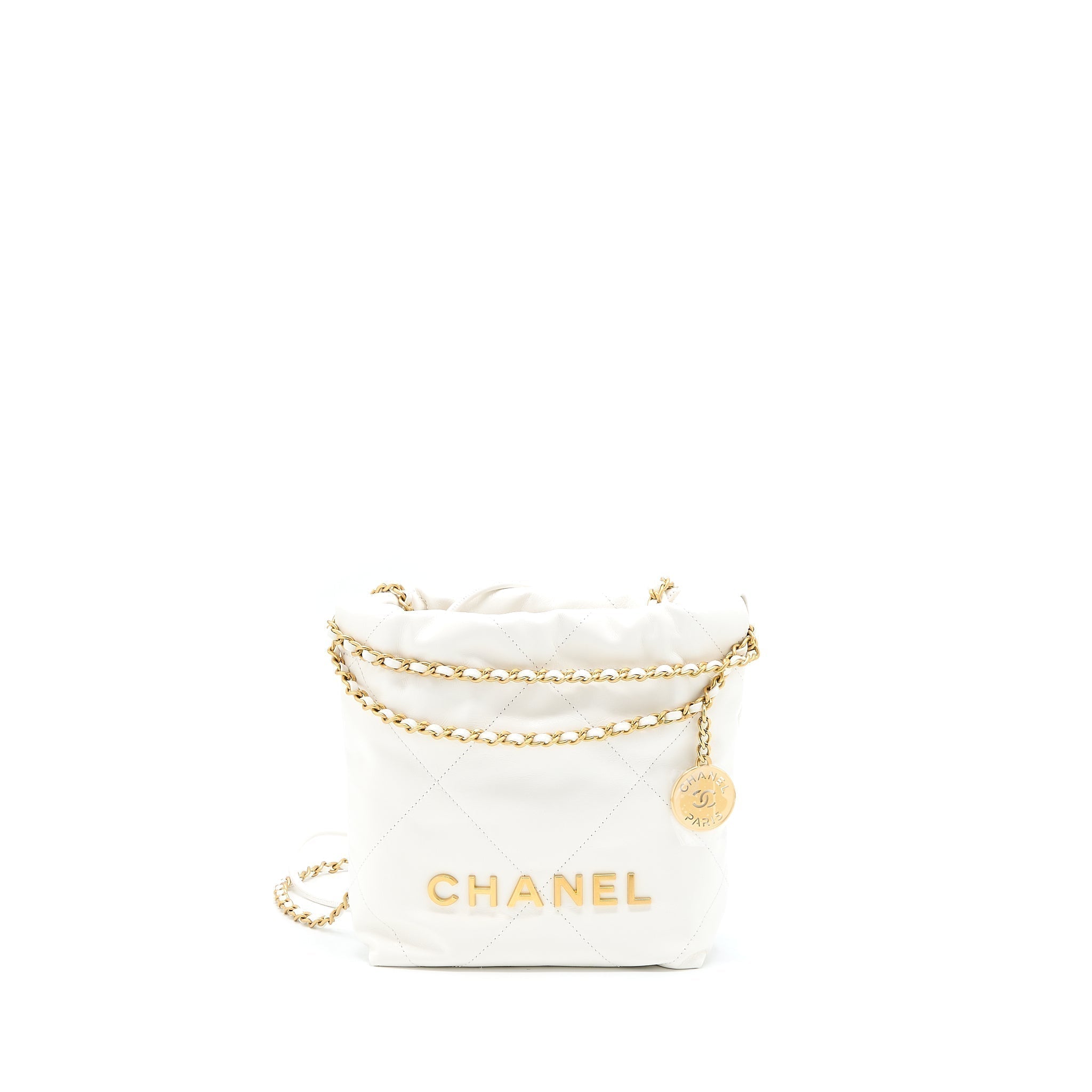 CHANEL 23S MINI 22 BAG SHINY CALFSKIN WHITE GHW (MICROCHIP)