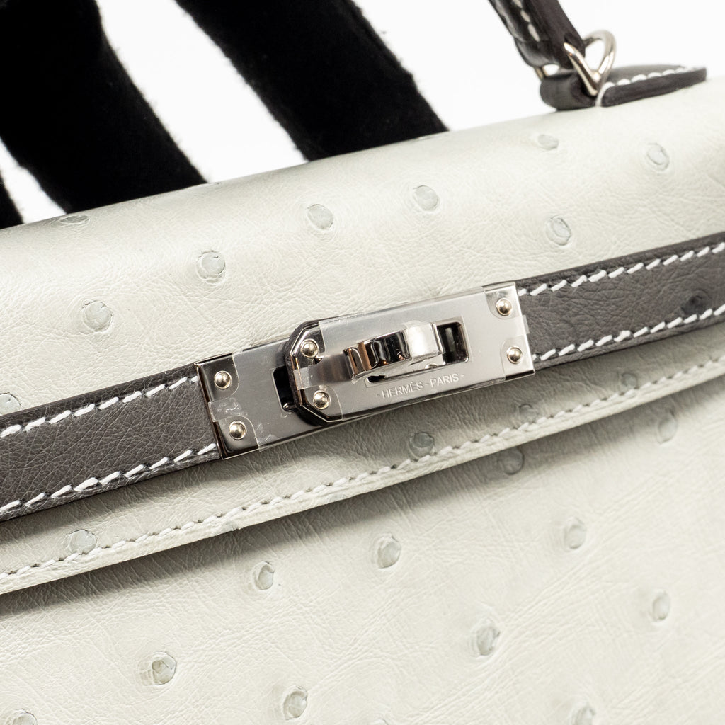HERMES MINI KELLY II SPECIAL ORDER OSTRICH GRIS PERLE / GRAPHITE SHW