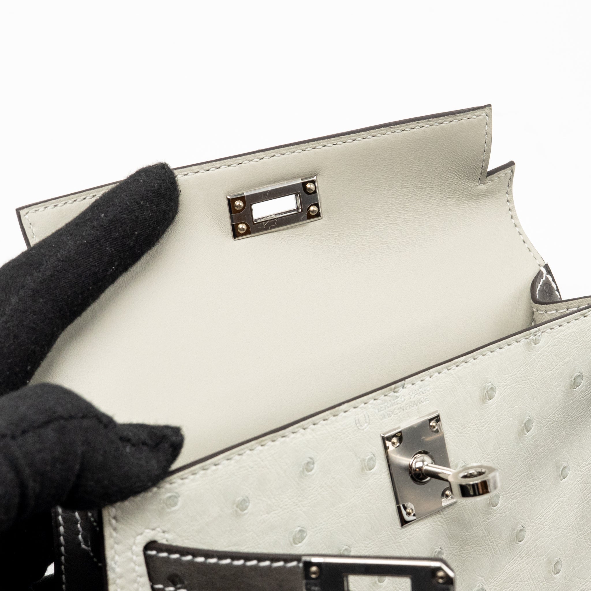 HERMES MINI KELLY II SPECIAL ORDER OSTRICH GRIS PERLE / GRAPHITE SHW