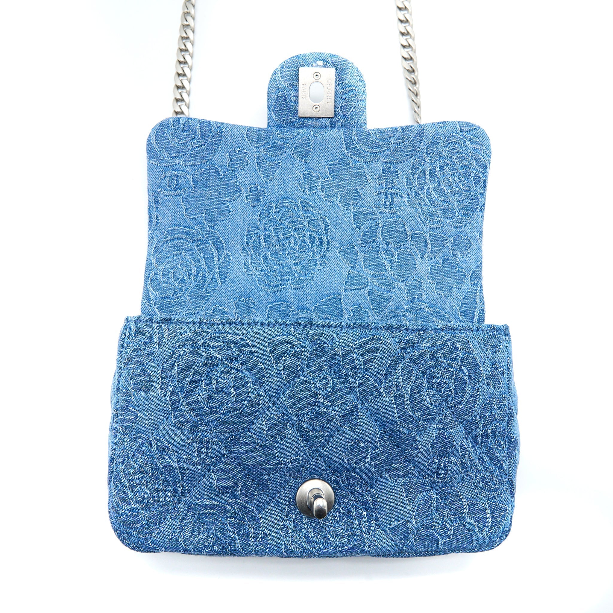 CHANEL COCO LOVE FLAP BAG CAMELLIA DENIM BLUE SHW (MICROCHIP)