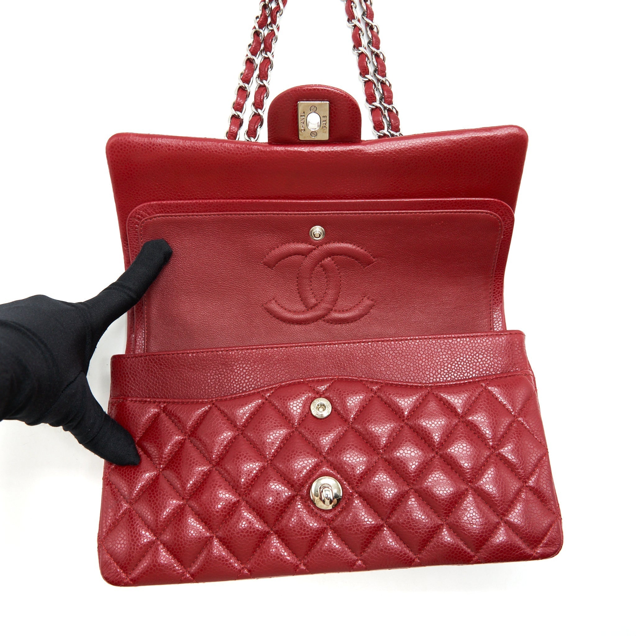 CHANEL MEDIUM CLASSIC DOUBLE FLAP BAG CAVIAR RED SHW