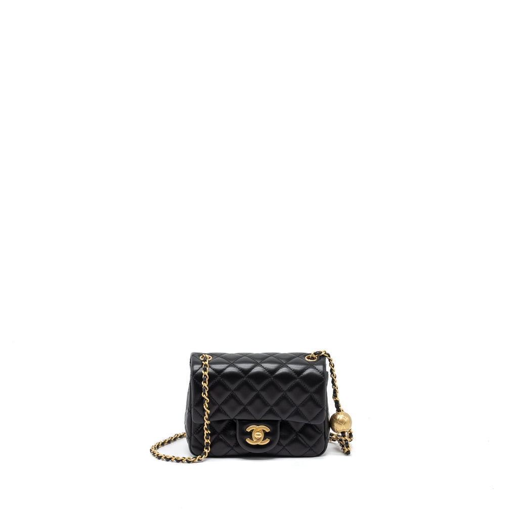 CHANEL PEARL CRUSH MINI SQUARE FLAP BAG LAMBSKIN BLACK BRUSHED GHW (MICROCHIP)