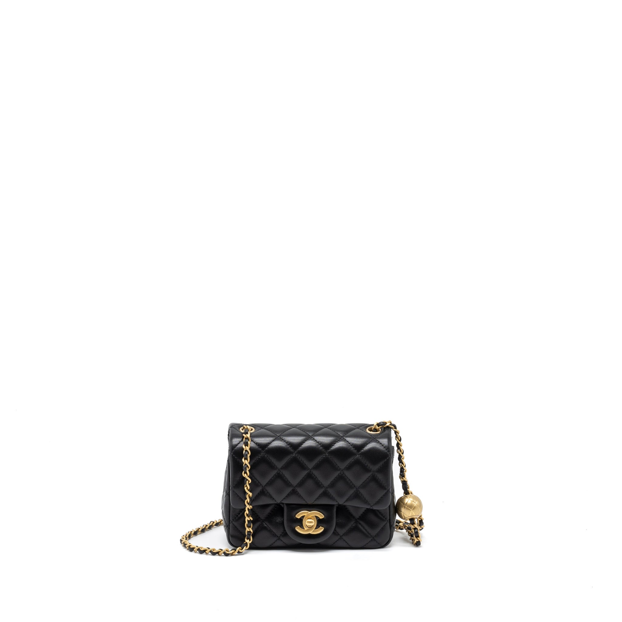 CHANEL PEARL CRUSH MINI SQUARE FLAP BAG LAMBSKIN BLACK BRUSHED GHW (MICROCHIP)