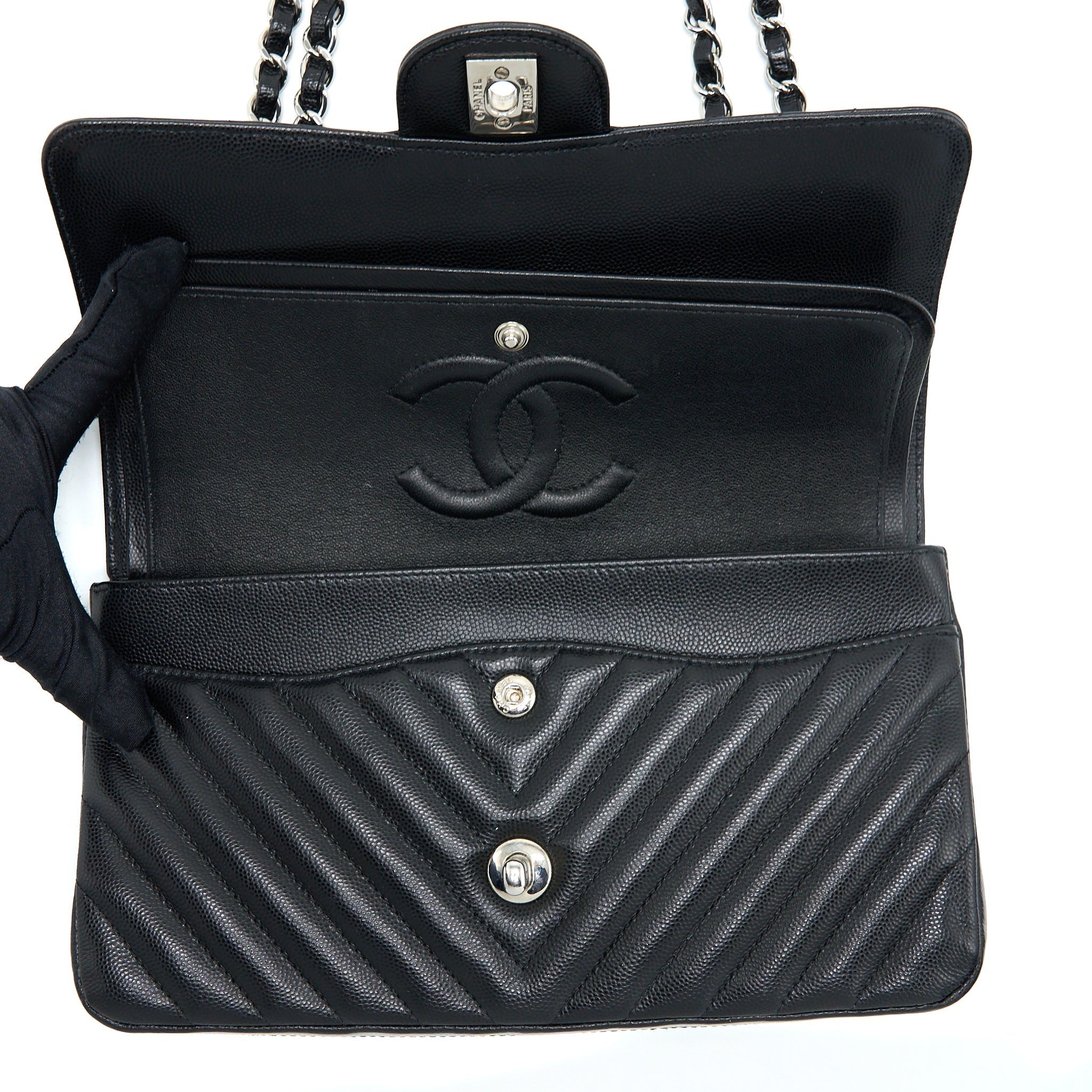 CHANEL MEDIUM CLASSIC DOUBLE FLAP BAG CHEVRON CAVIAR BLACK SHW
