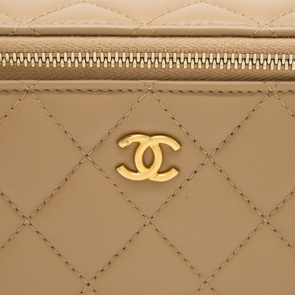 CHANEL PEARL CRUSH LONG VANITY CASE LAMBSKIN DARK BEIGE GHW