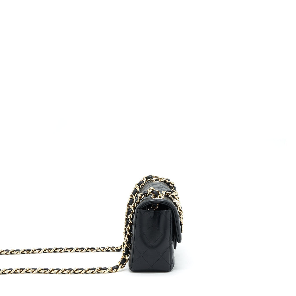 CHANEL MINI RECTANGULAR FLAP BAG WITH BAG CHARMS GIANT CHAINS LAMBSKIN BLACK GHW