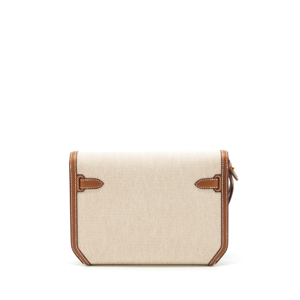 Hermes Pochette Kelly Depeches 25 Canvas/Barenia Leather Ecru Beige/ Fauve GHW