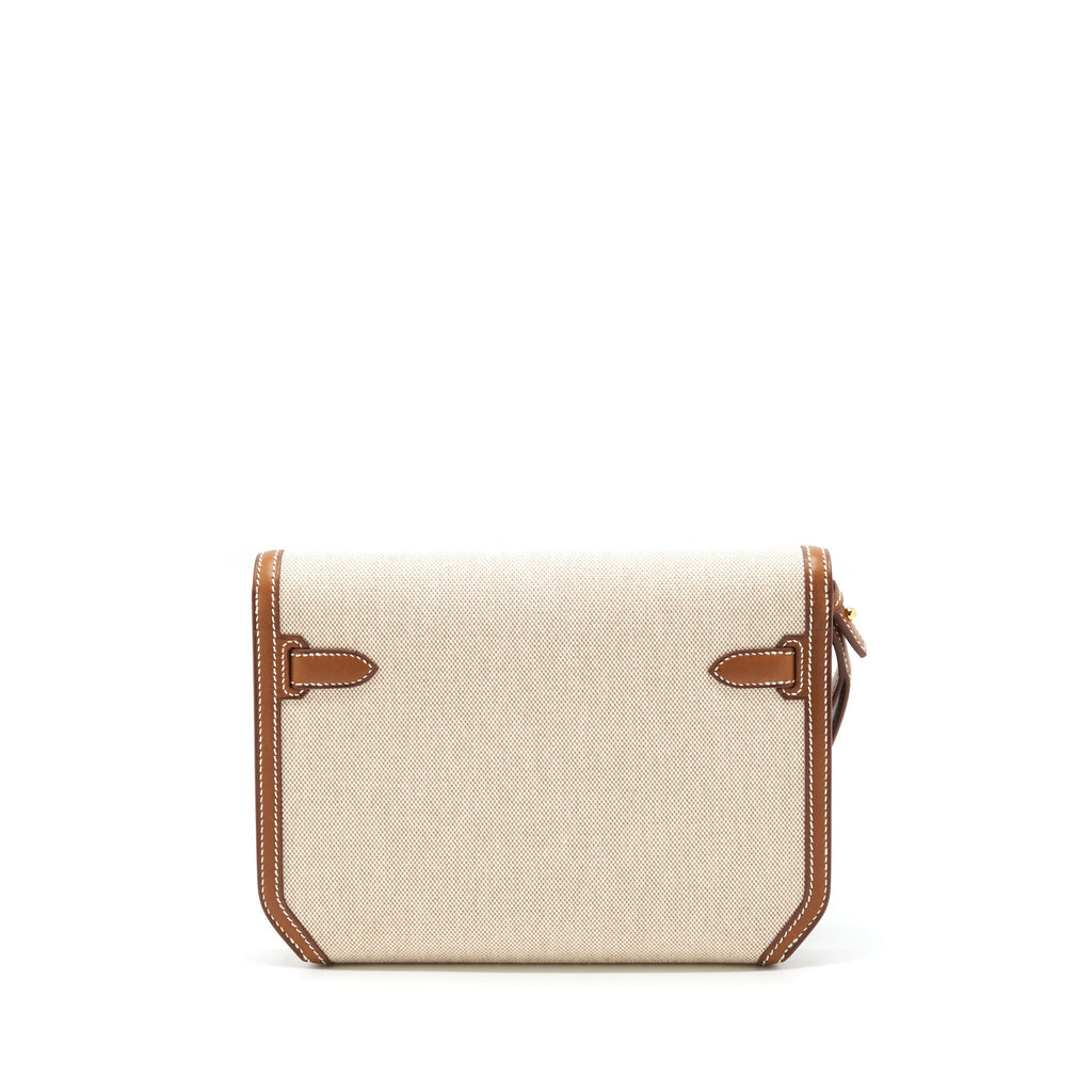 HERMES POCHETTE KELLY DEPECHES 25 CANVAS/BARENIA LEATHER ECRU BEIGE/ FAUVE GHW