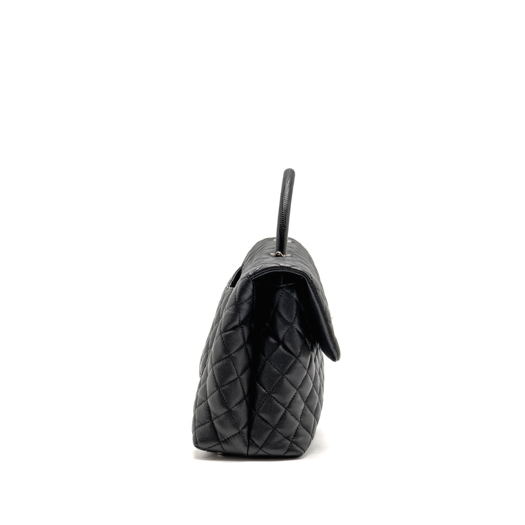 Chanel Large Coco Handle Flap Bag Lizard Embossed Handle Caviar Black Ruthenium Hardware