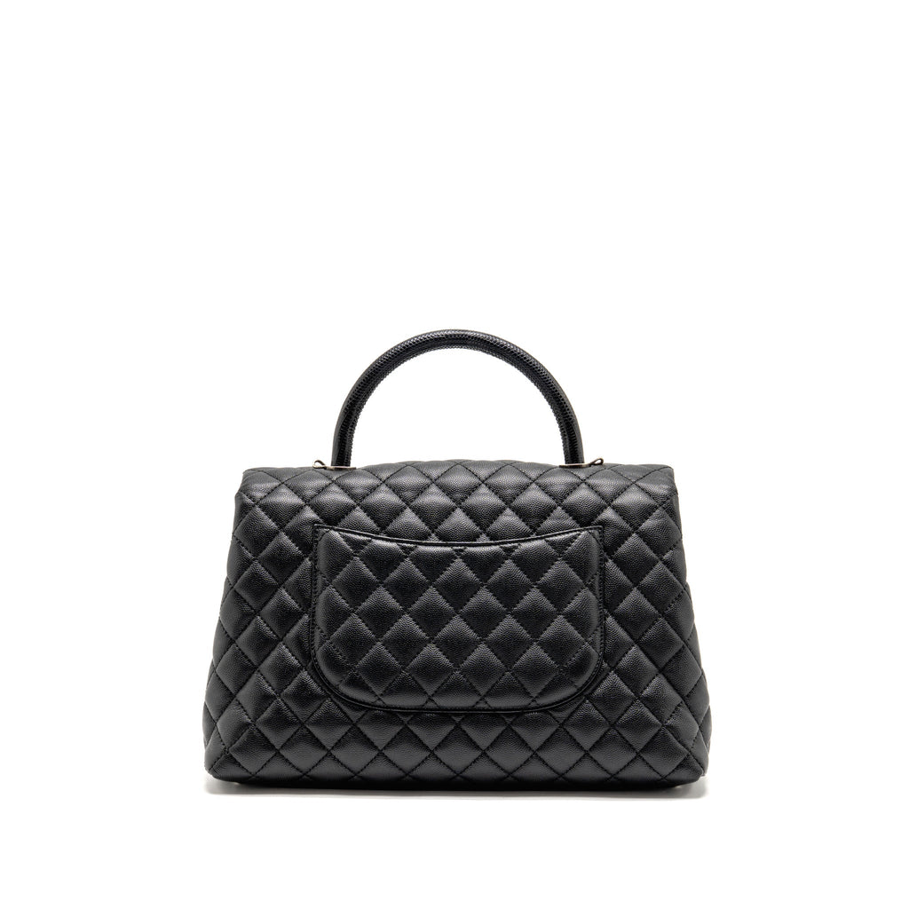 Chanel Large Coco Handle Flap Bag Lizard Embossed Handle Caviar Black Ruthenium Hardware
