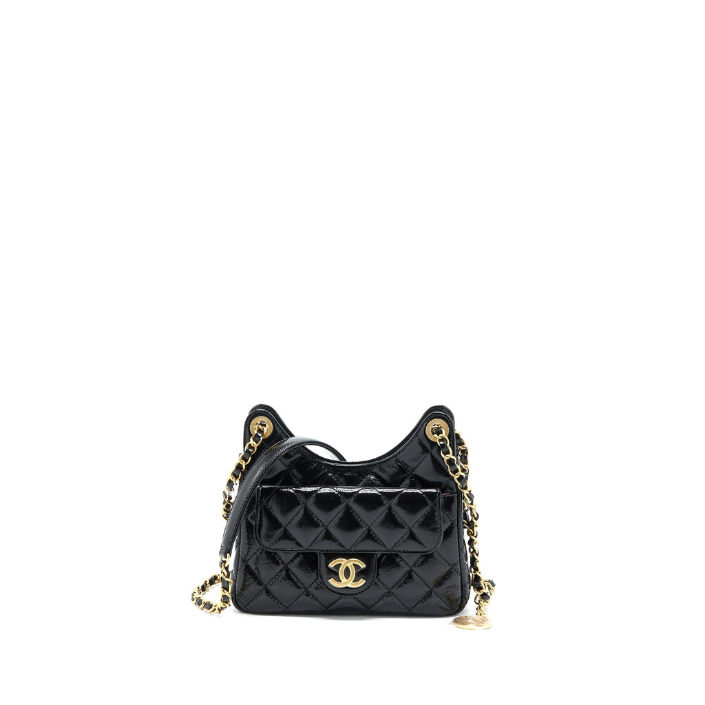 CHANEL 23C SMALL HOBO BAG SHINY CALFSKIN BLACK BRUSHED GHW (MICROCHIP)
