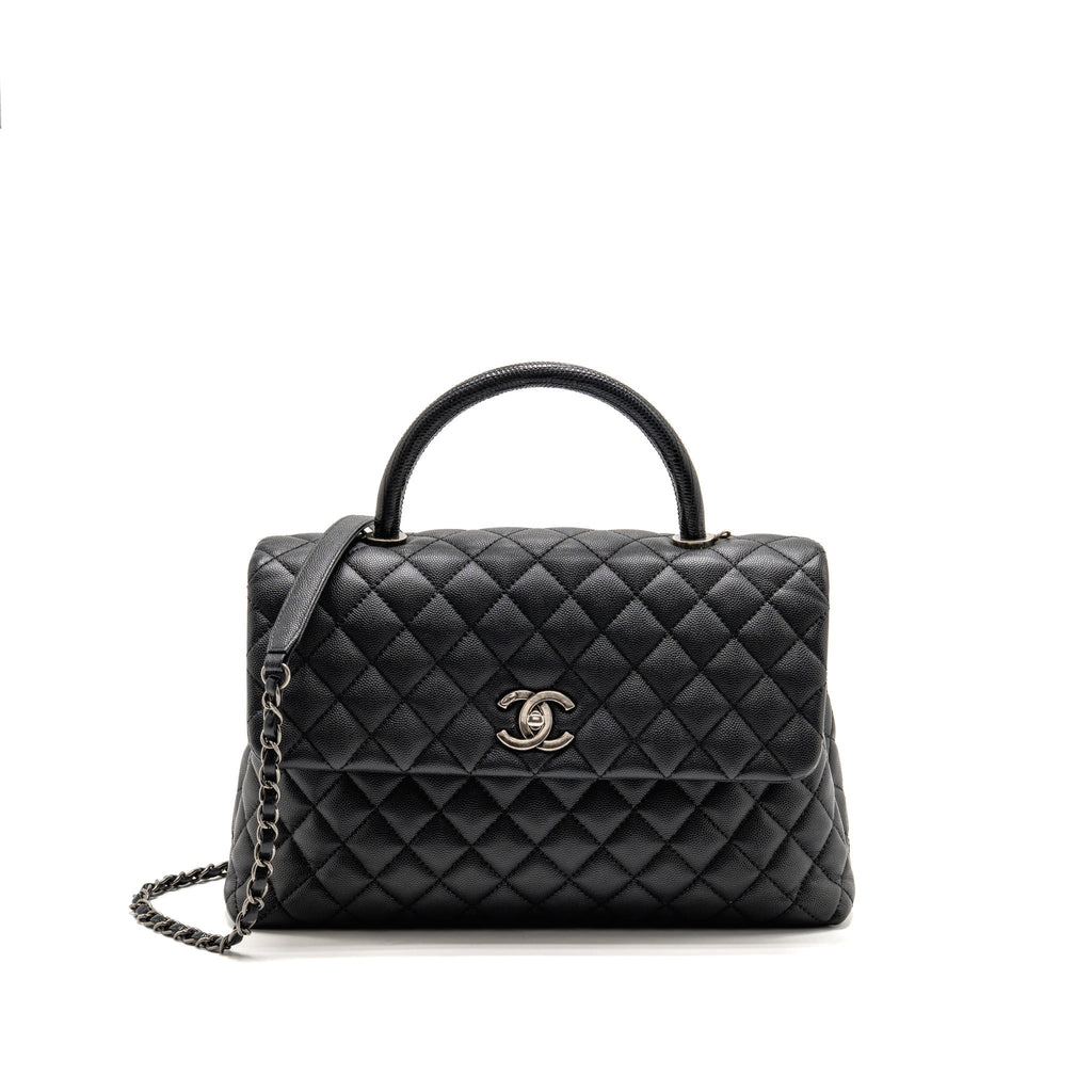 Chanel Large Coco Handle Flap Bag Lizard Embossed Handle Caviar Black Ruthenium Hardware