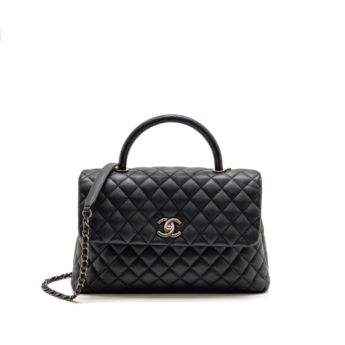 Chanel Large Coco Handle Flap Bag Lizard Embossed Handle Caviar Black Ruthenium Hardware