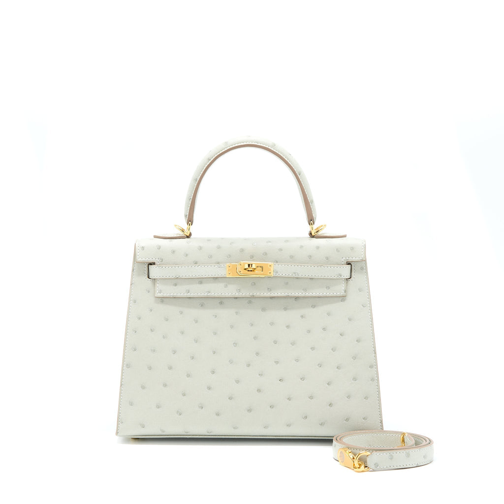 HERMES KELLY 25 SELLIER OSTRICH 80 GRIS PERLE GHW