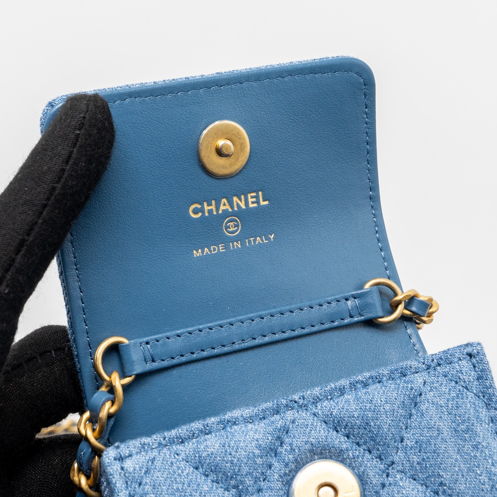 CHANEL MINI VERTICAL FLAP CLUTCH WITH CHAIN DENIM BLUE GHW (MICROCHIP)