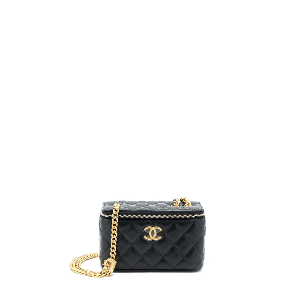 CHANEL 22K GOLD PILLAR ADJUSTABLE CHAIN LONG VANITY LAMBSKIN BLACK GHW (MICROCHIP)