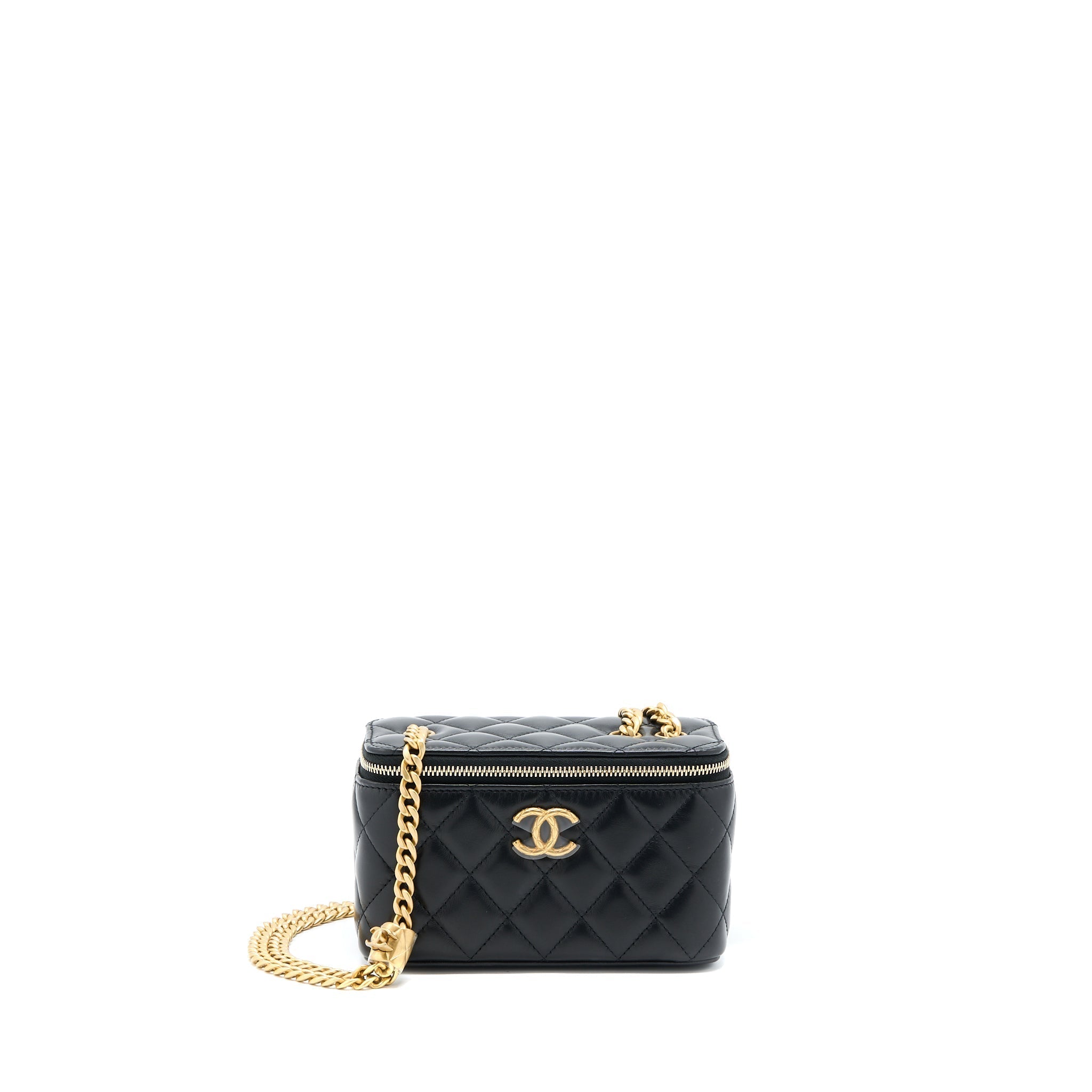 CHANEL 22K GOLD PILLAR ADJUSTABLE CHAIN LONG VANITY LAMBSKIN BLACK GHW (MICROCHIP)