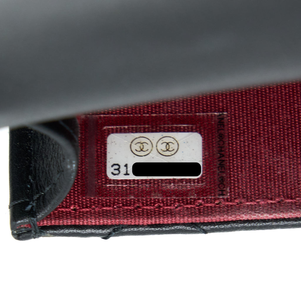 CHANEL VERTICAL FLAP PHONE POUCH WITH PEARL CHAIN LAMBSKIN BLACK BRUSHED GHW