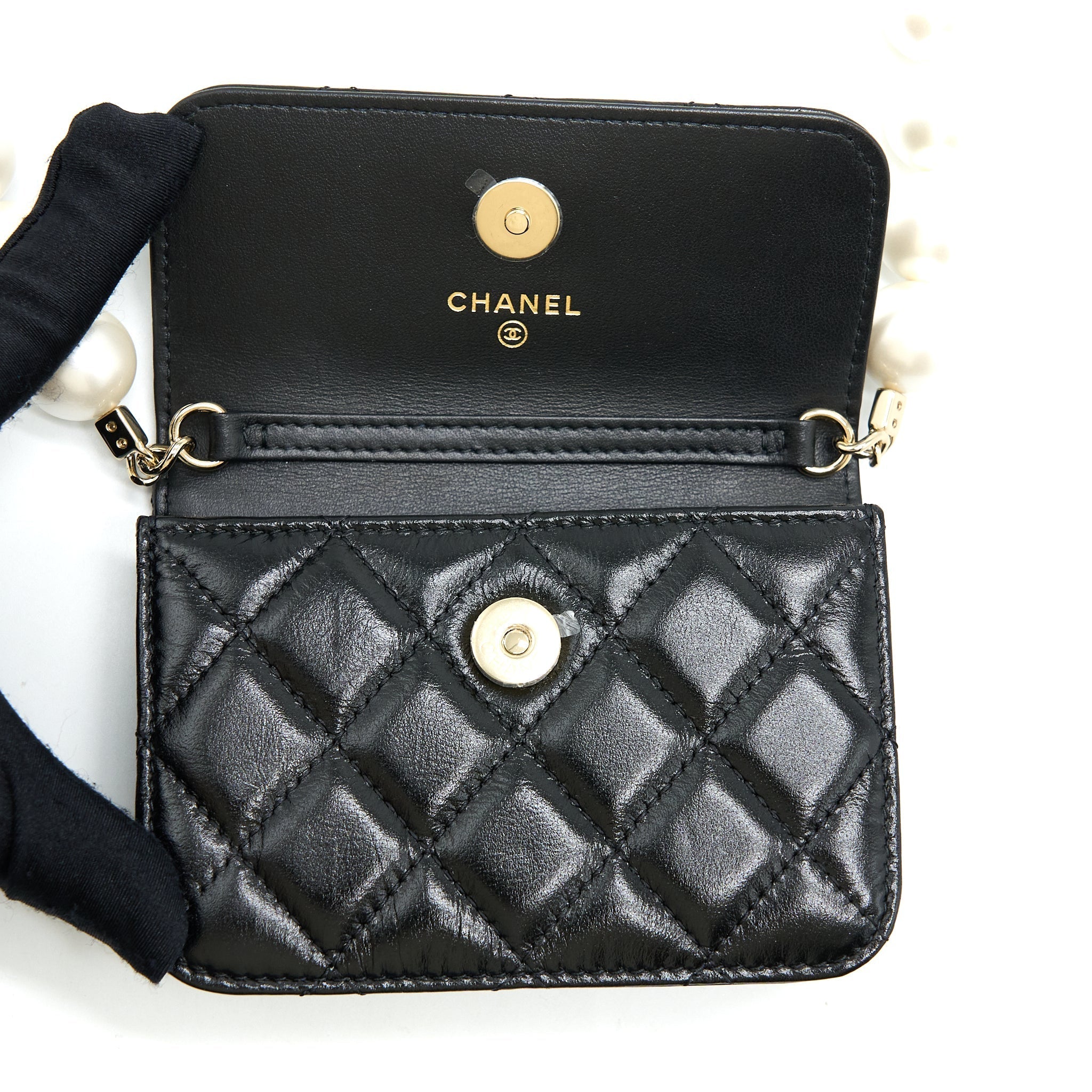 CHANEL MINI FLAP BAG WITH GIANT PEARL CHAIN LAMBSKIN BLACK LGHW