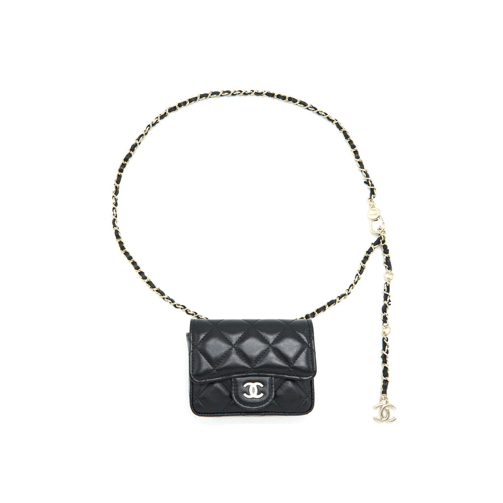 CHANEL FLAP CARD HOLDER BELT BAG WITH CHAIN LAMBSKIN BLACK LGHW