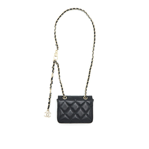 CHANEL FLAP CARD HOLDER BELT BAG WITH CHAIN LAMBSKIN BLACK LGHW