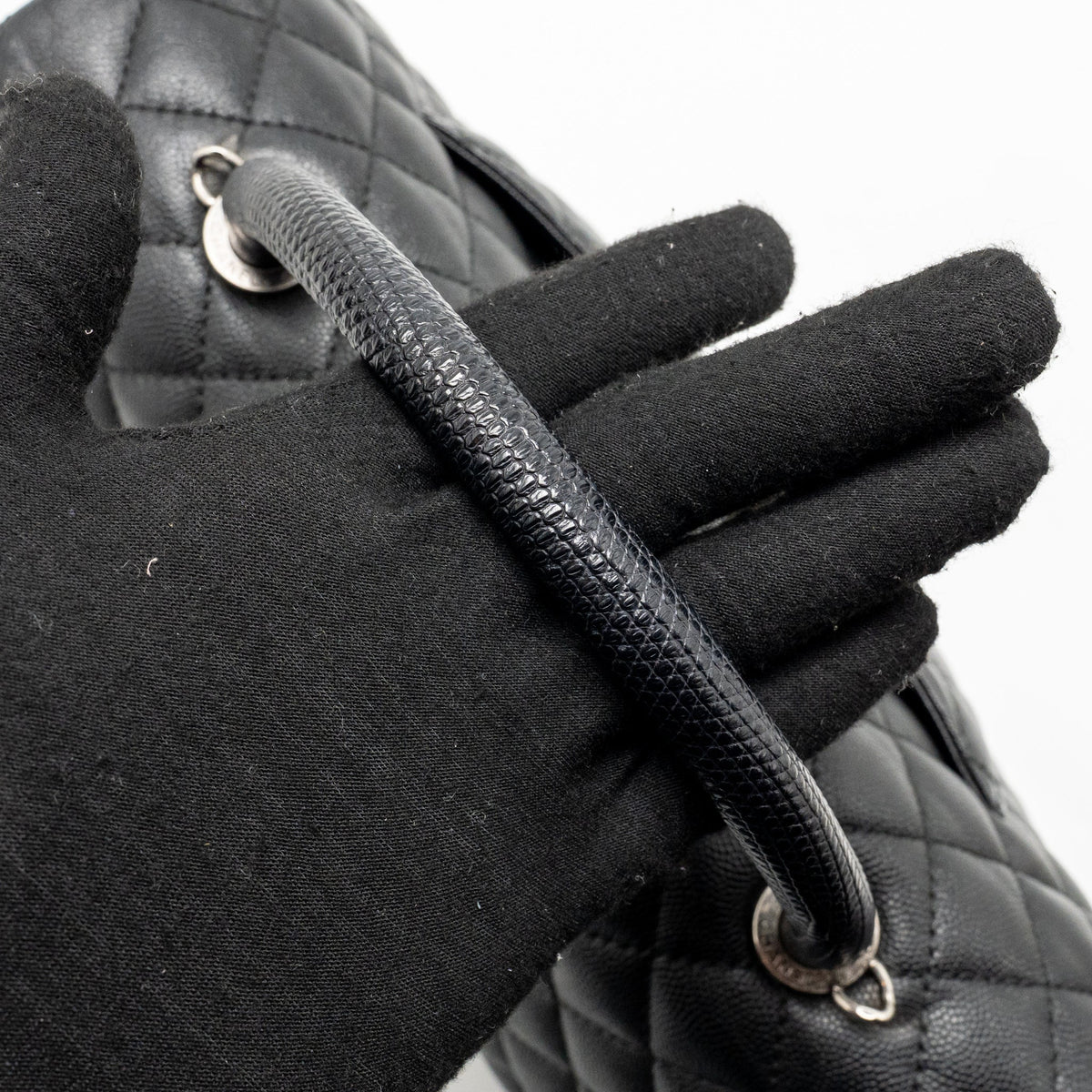 Chanel Large Coco Handle Flap Bag Lizard Embossed Handle Caviar Black Ruthenium Hardware
