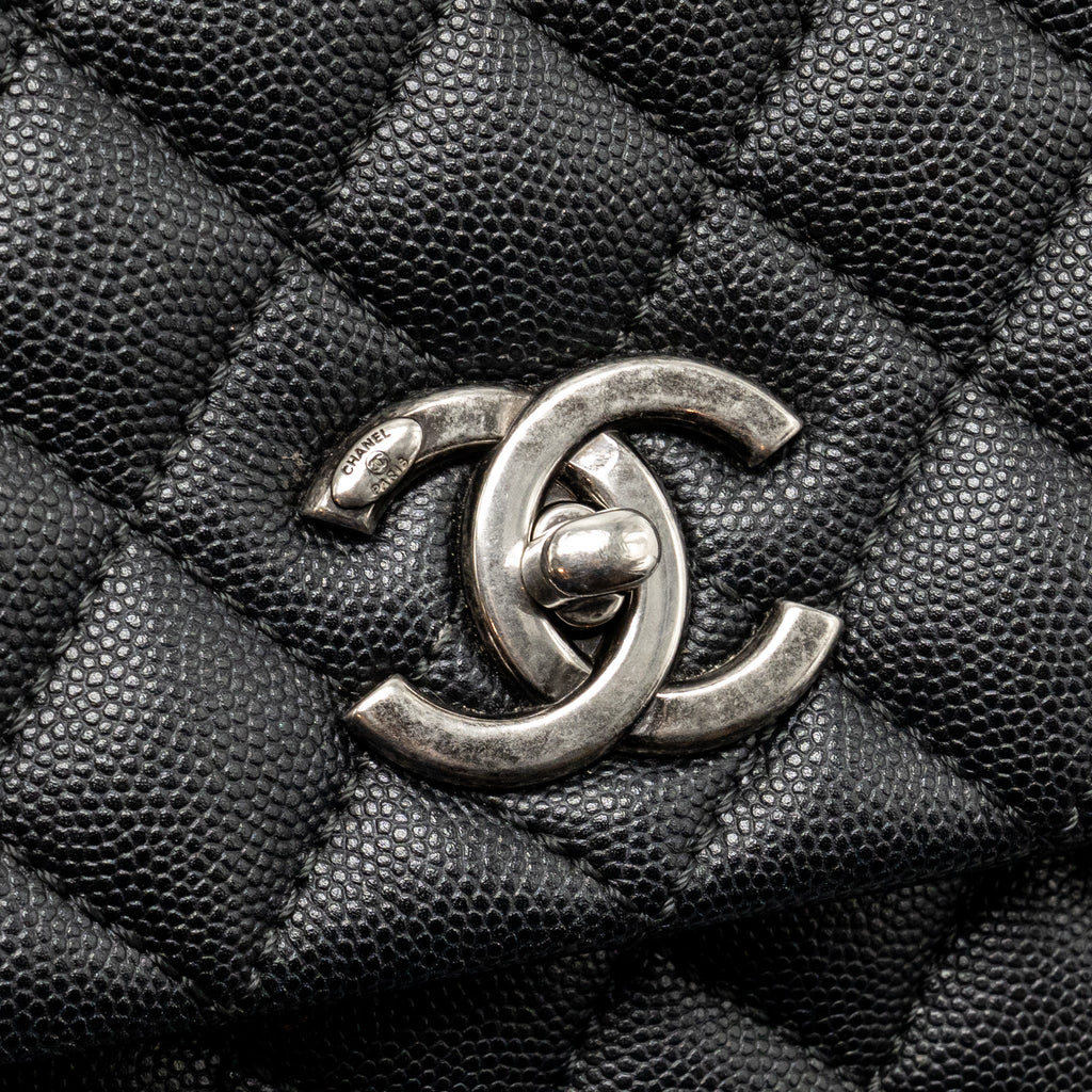 Chanel Large Coco Handle Flap Bag Lizard Embossed Handle Caviar Black Ruthenium Hardware