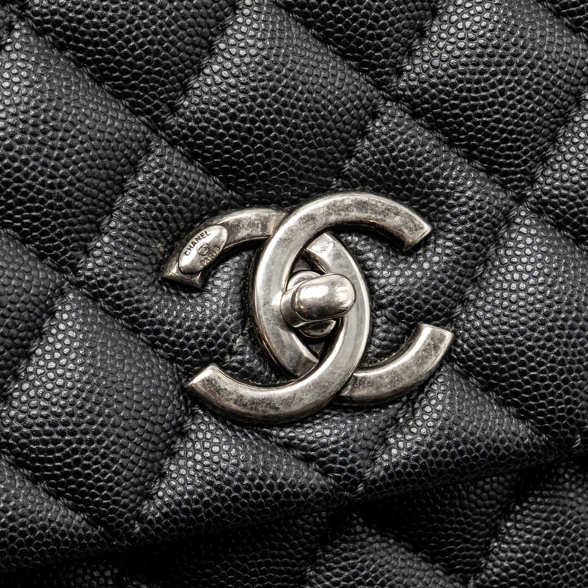 Chanel Large Coco Handle Flap Bag Lizard Embossed Handle Caviar Black Ruthenium Hardware
