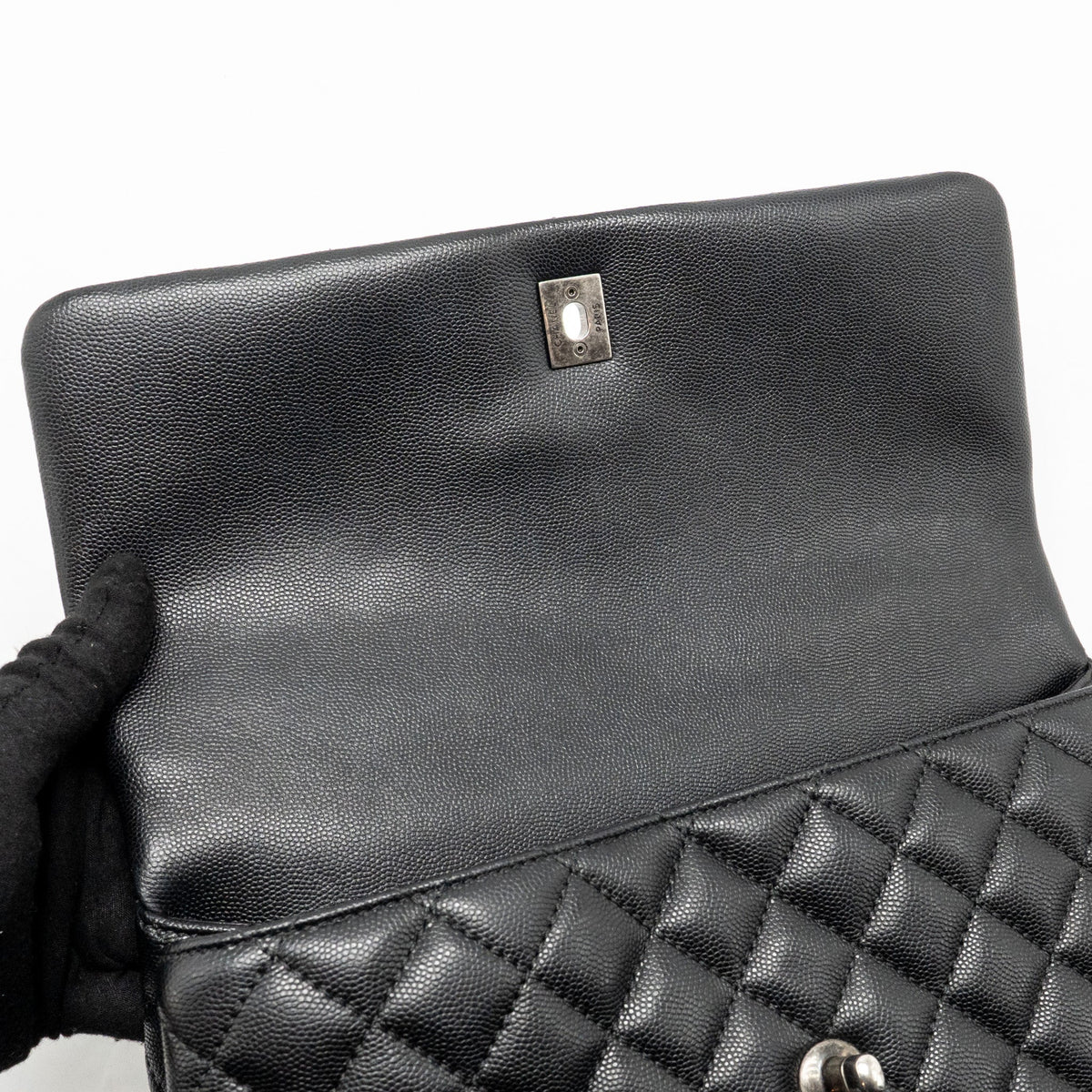 Chanel Large Coco Handle Flap Bag Lizard Embossed Handle Caviar Black Ruthenium Hardware