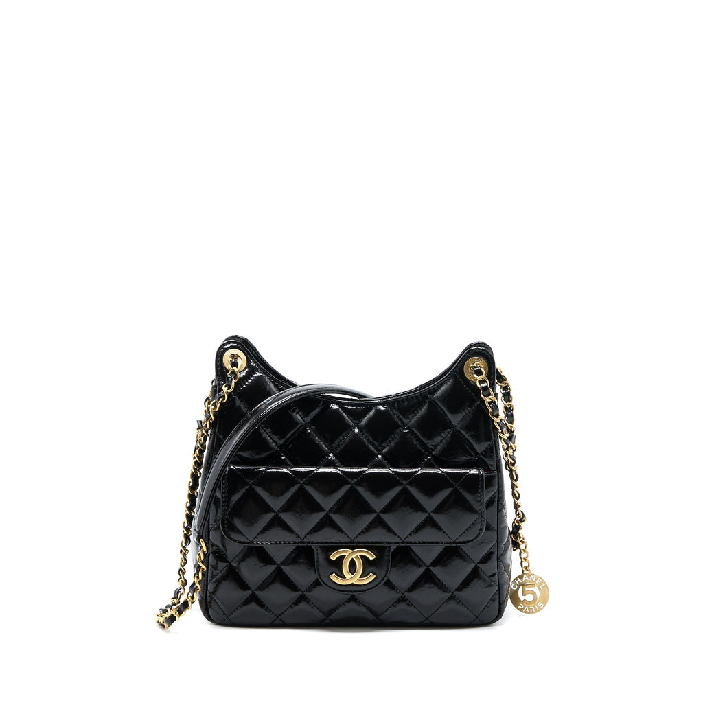 CHANEL 23C HOBO BAG SHINY CALFSKIN BLACK BRUSHED GHW(MICROCHIP)