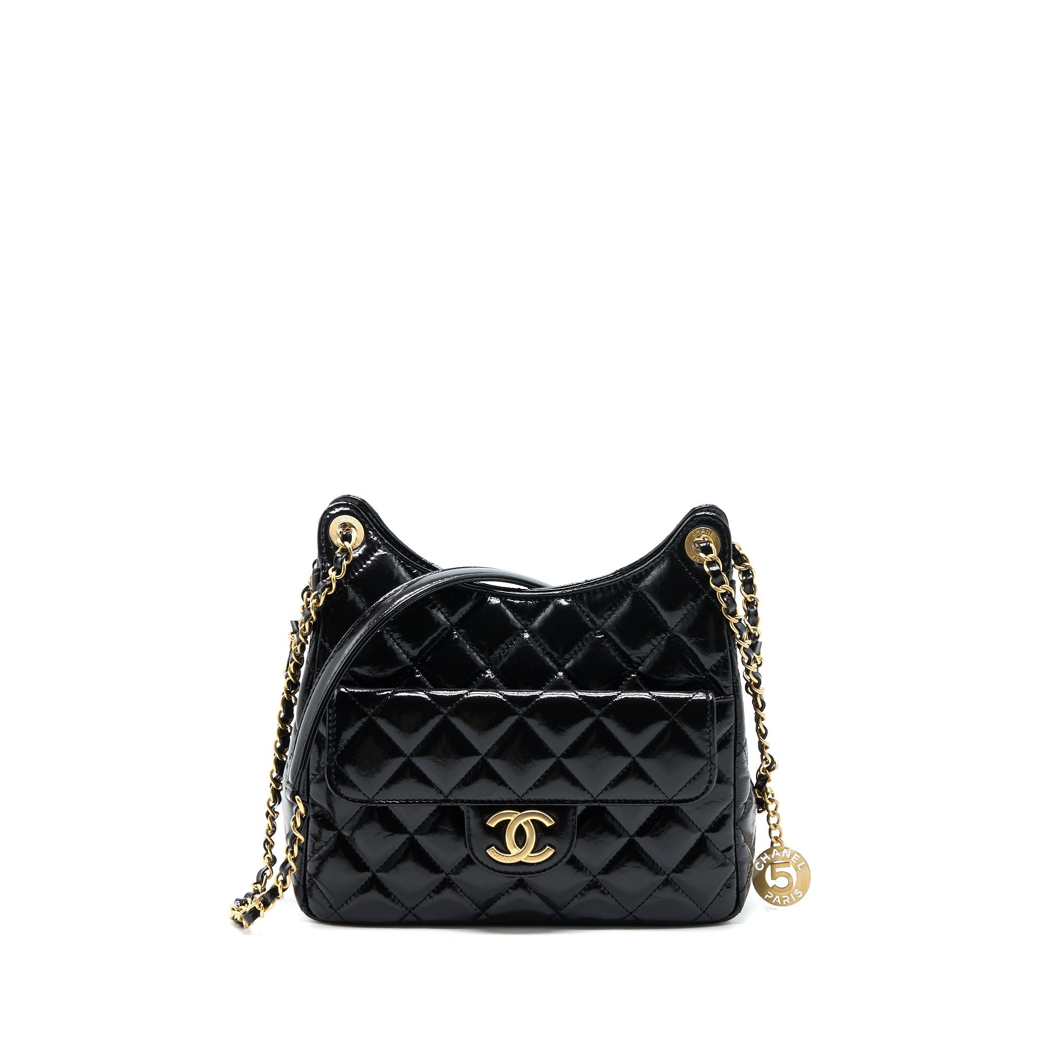 CHANEL 23C HOBO BAG SHINY CALFSKIN BLACK BRUSHED GHW(MICROCHIP)